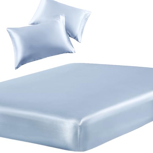 SiinvdaBZX 3-Piece Set Satin Fitted Sheet & 2 Pillowcase, Silky Soft Fitted Bottom Sheet, Deep Pocket Bed Sheet