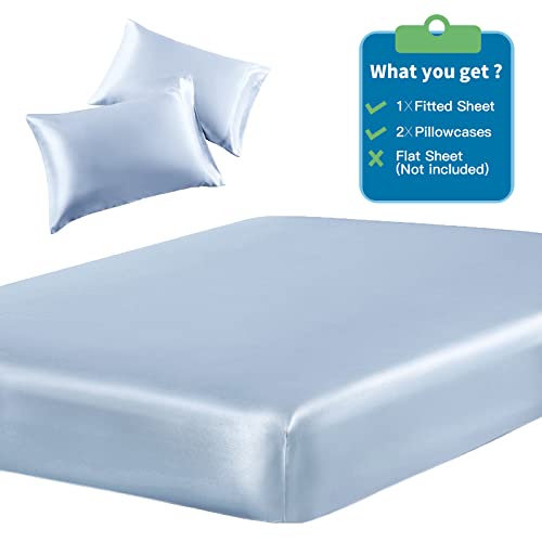 SiinvdaBZX 3-Piece Set Satin Fitted Sheet & 2 Pillowcase, Silky Soft Fitted Bottom Sheet, Deep Pocket Bed Sheet