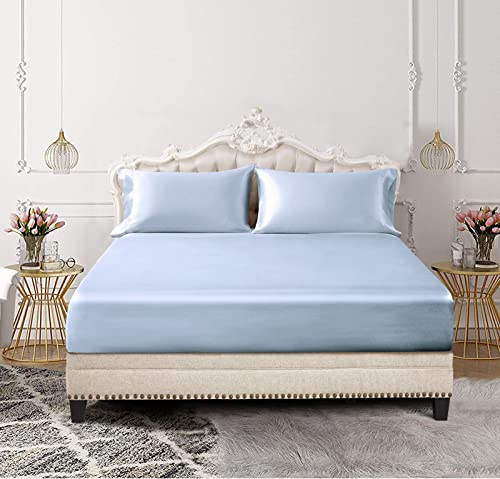 SiinvdaBZX 3-Piece Set Satin Fitted Sheet & 2 Pillowcase, Silky Soft Fitted Bottom Sheet, Deep Pocket Bed Sheet