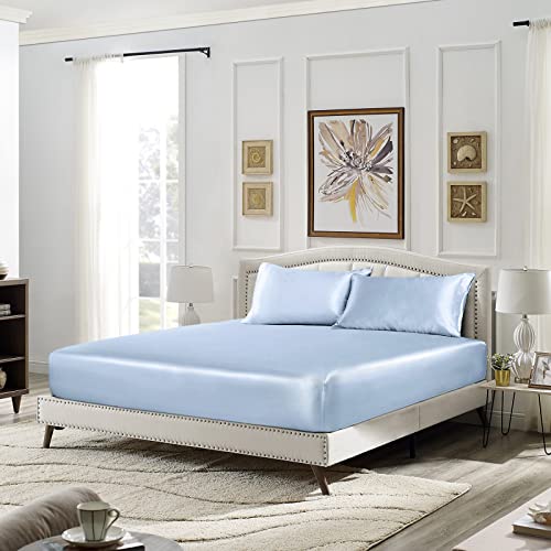 SiinvdaBZX 3-Piece Set Satin Fitted Sheet & 2 Pillowcase, Silky Soft Fitted Bottom Sheet, Deep Pocket Bed Sheet