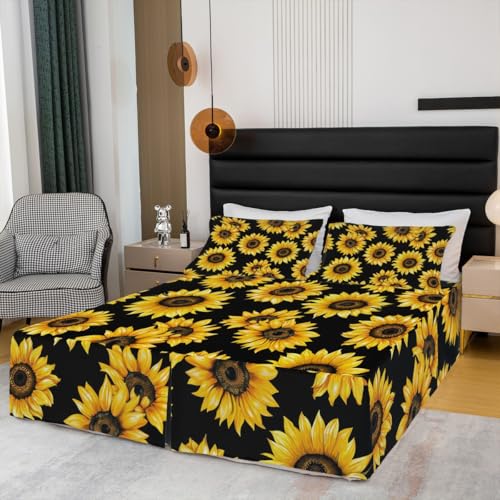 Yellow Sunflower Floral Bed Skirt with Split Corners