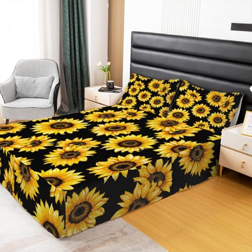 Yellow Sunflower Floral Bed Skirt with Split Corners