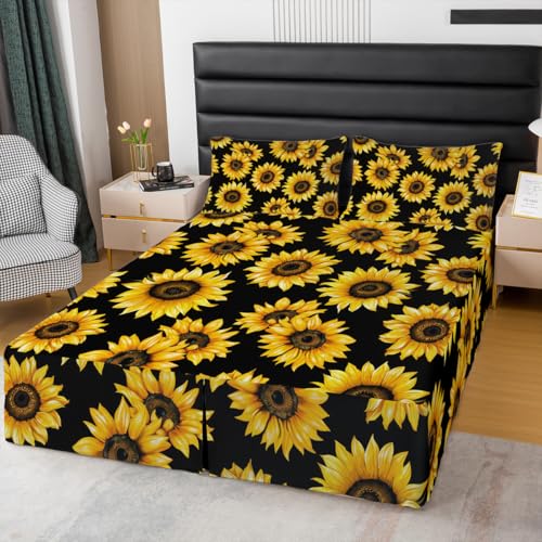 Yellow Sunflower Floral Bed Skirt with Split Corners