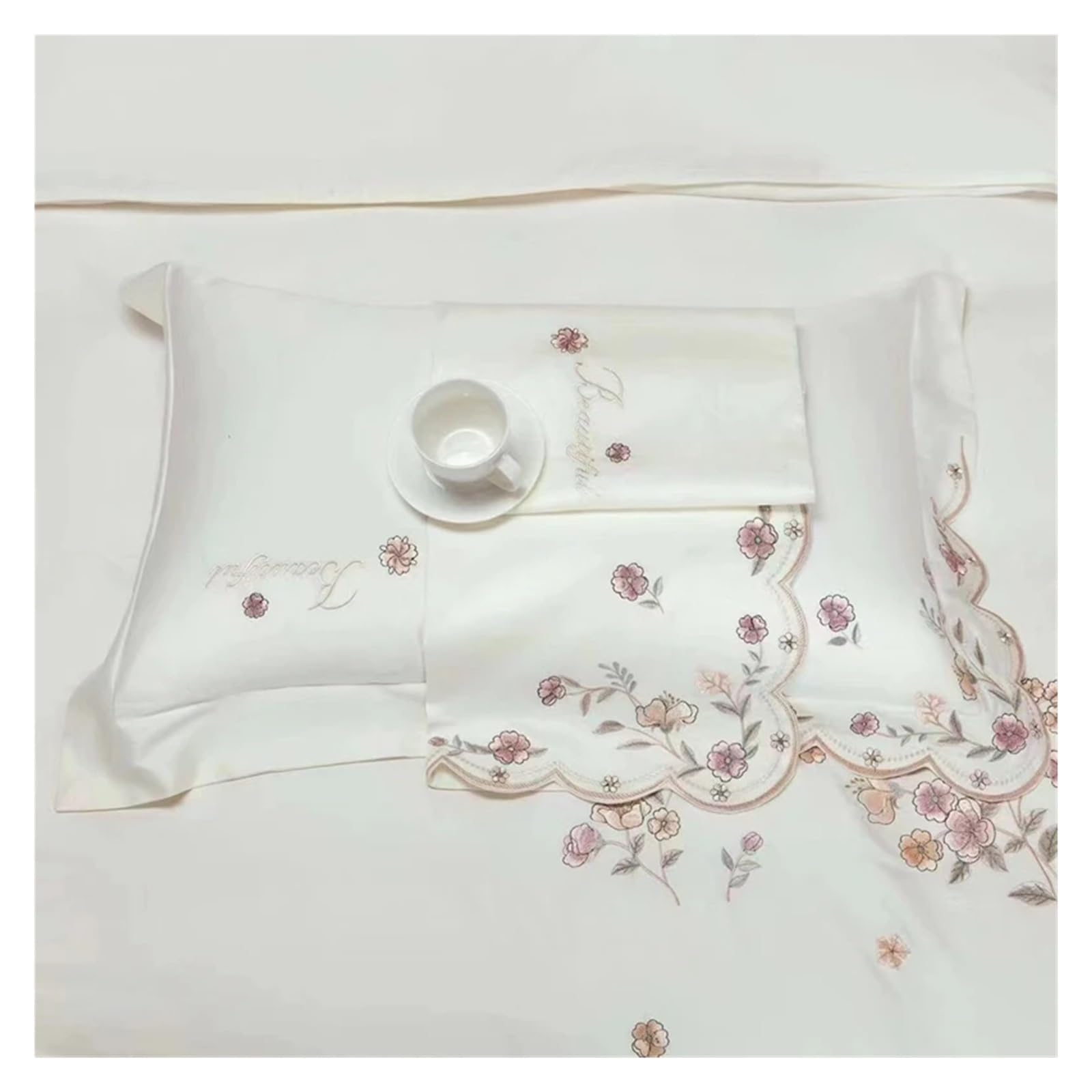 1000TC 100% Cotton Supreme Quality Luxury Bedding Flowers Embroidery Bedding Set Duvet Cover Set Flat/Fitted Bed Sheet Pillowcases (I QUEEN_FITTED)