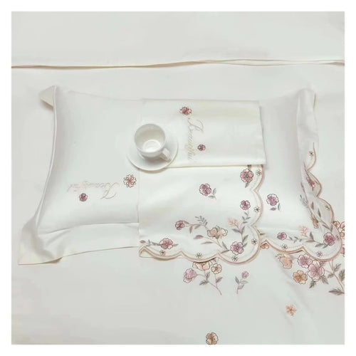 1000TC 100% Cotton Supreme Quality Luxury Bedding Flowers Embroidery Bedding Set Duvet Cover Set Flat/Fitted Bed Sheet Pillowcases (I QUEEN_FITTED)