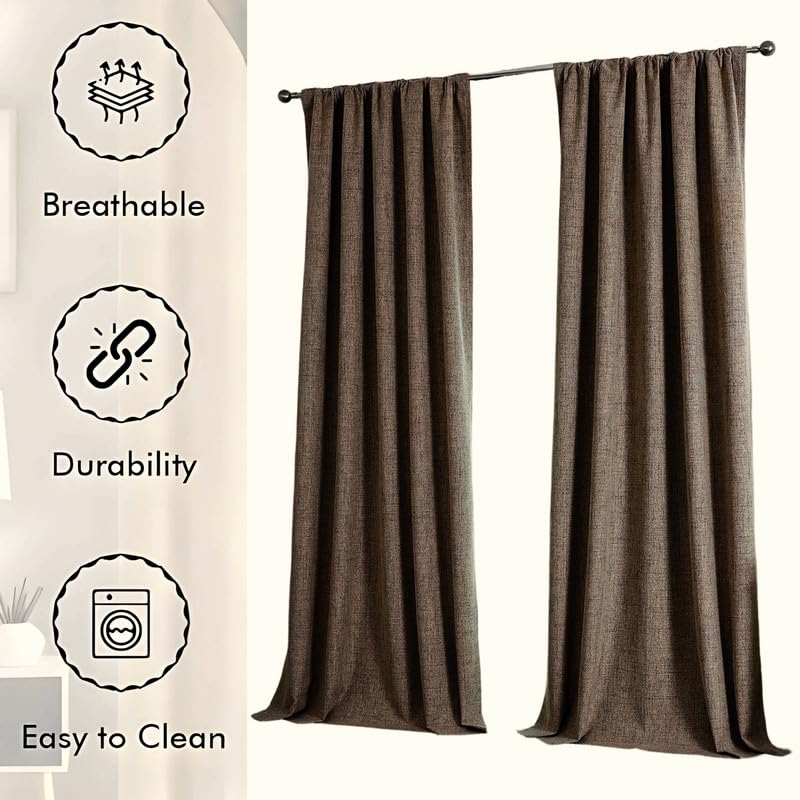 Brown Faux Linen Blackout Curtain Pair, 52-Inch
