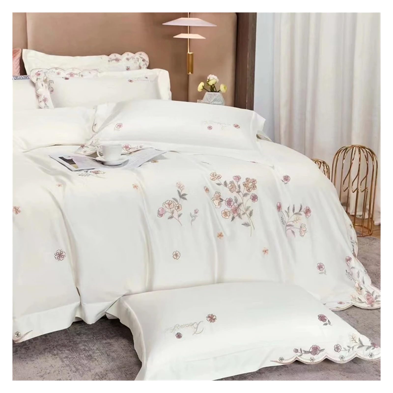 1000TC 100% Cotton Supreme Quality Luxury Bedding Flowers Embroidery Bedding Set Duvet Cover Set Flat/Fitted Bed Sheet Pillowcases (I QUEEN_FITTED)