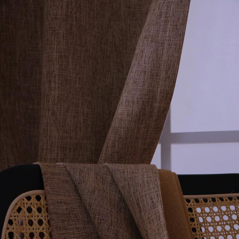 Brown Faux Linen Blackout Curtain Pair, 52-Inch
