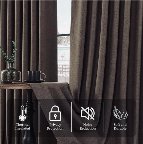 Brown Faux Linen Blackout Curtain Pair, 52-Inch