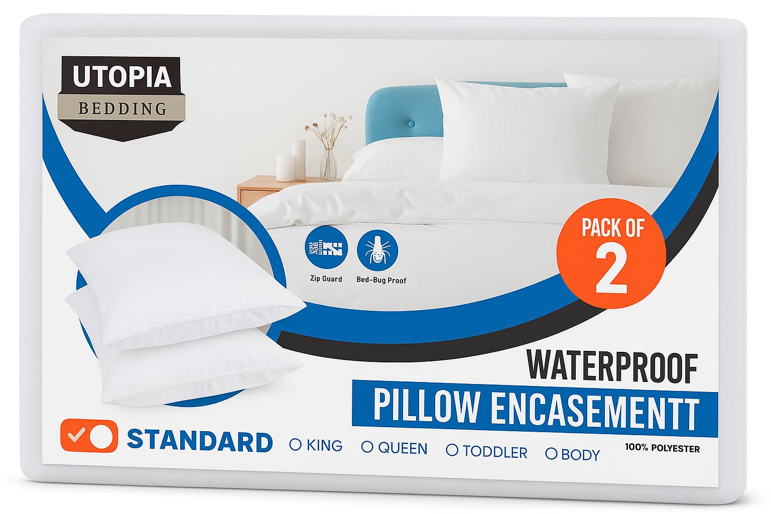 Waterproof Zippered Pillow Protectors, Set of Two