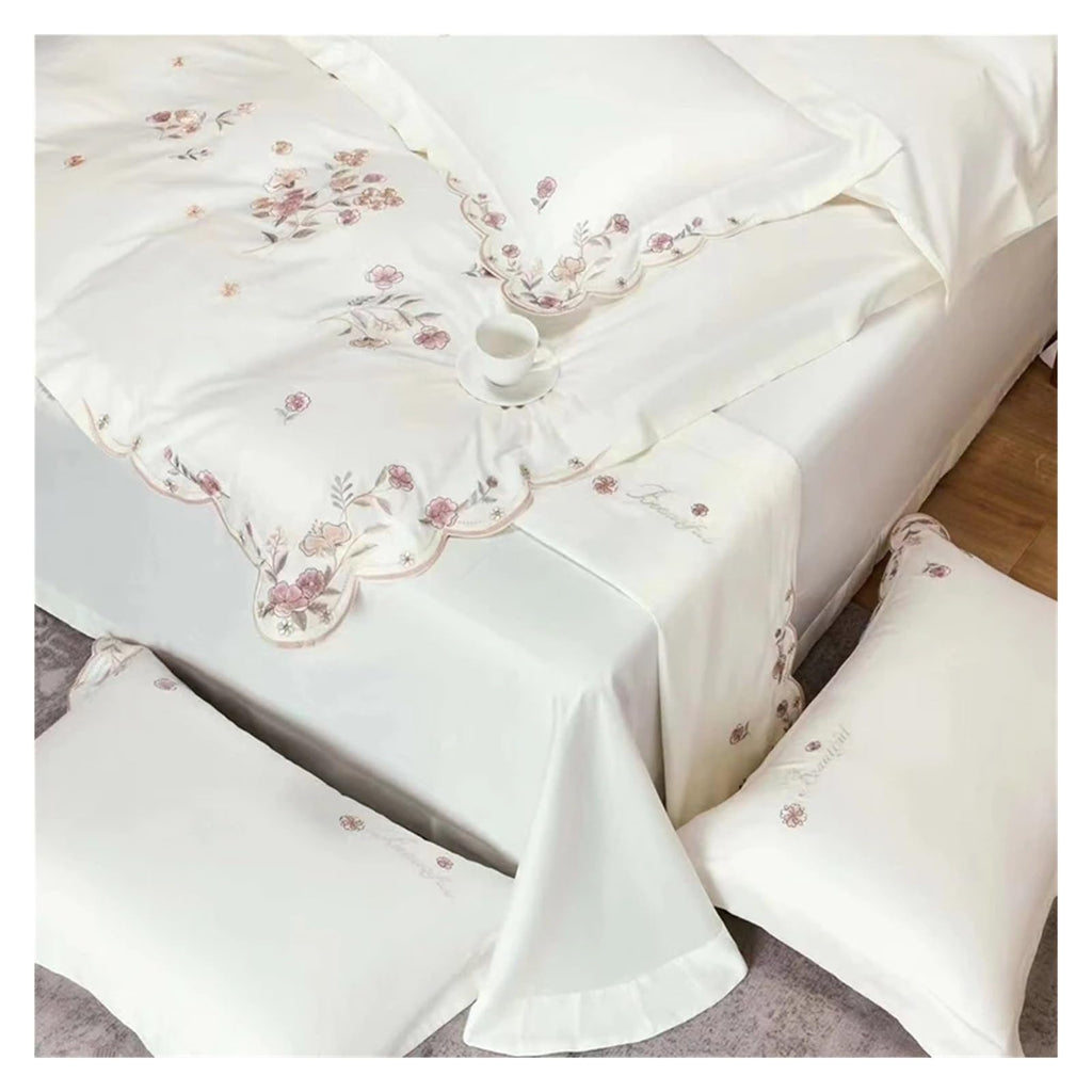 1000TC 100% Cotton Supreme Quality Luxury Bedding Flowers Embroidery Bedding Set Duvet Cover Set Flat/Fitted Bed Sheet Pillowcases (I QUEEN_FITTED)