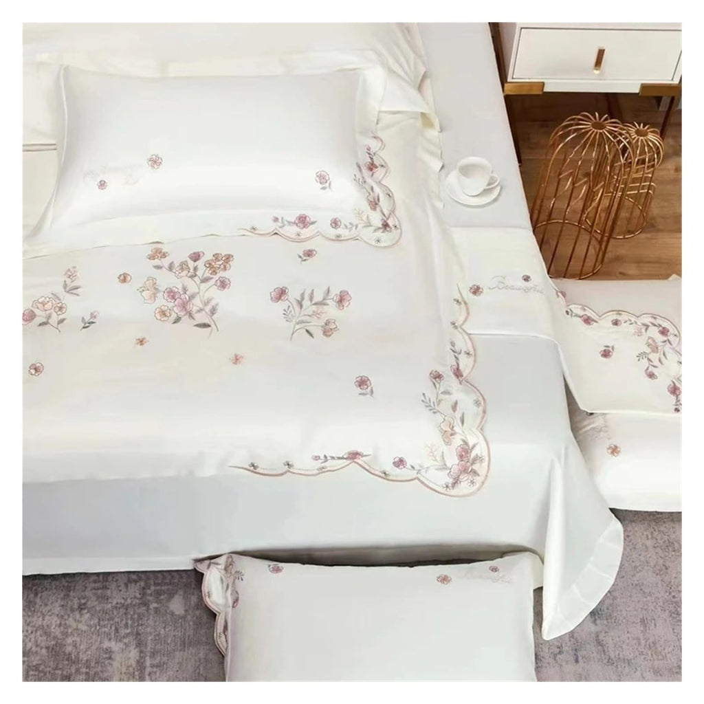 1000TC 100% Cotton Supreme Quality Luxury Bedding Flowers Embroidery Bedding Set Duvet Cover Set Flat/Fitted Bed Sheet Pillowcases (I QUEEN_FITTED)