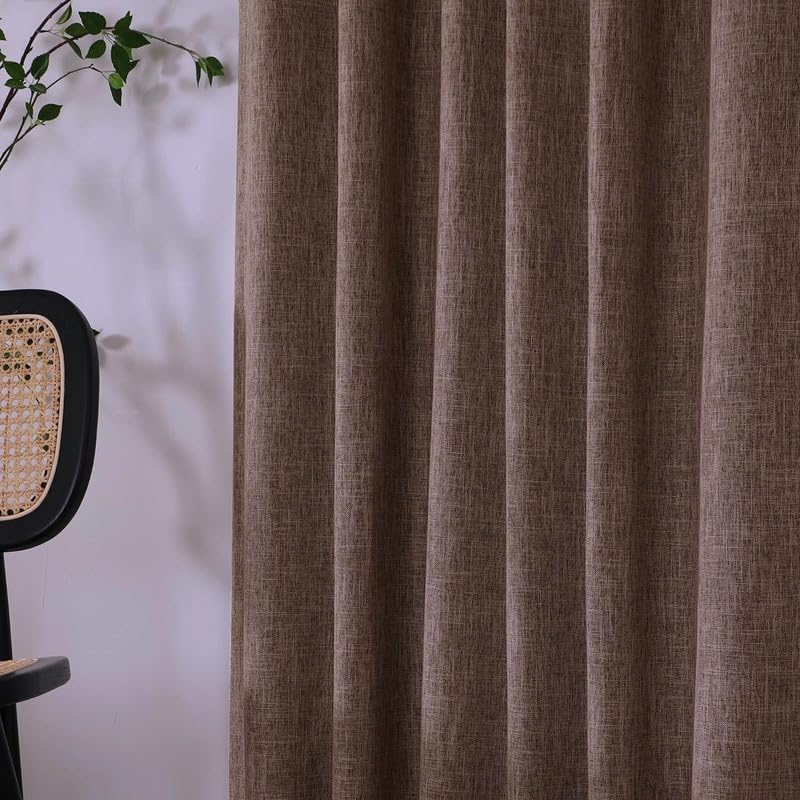 Brown Faux Linen Blackout Curtain Pair, 52-Inch