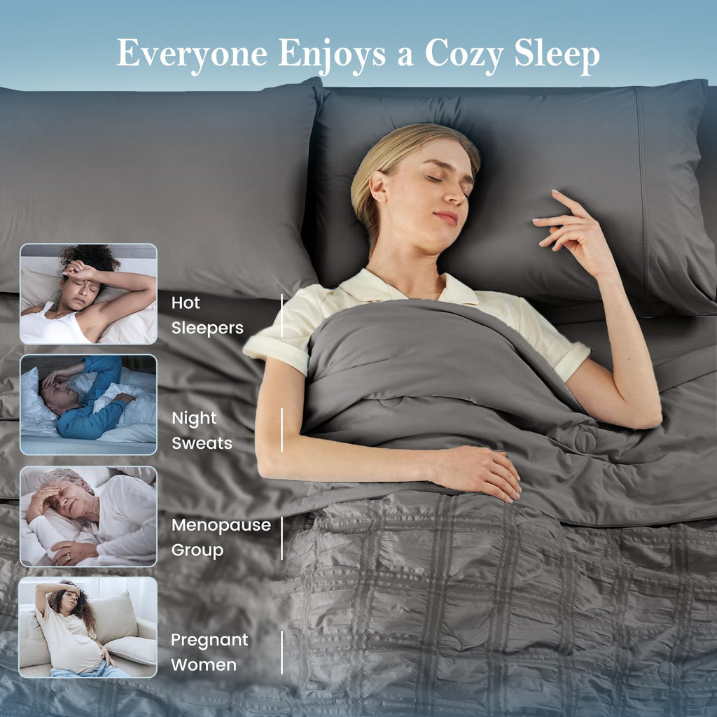 Cozy Bliss Cooling Comforter Seersucker Plaid, Q-Max 0.45 Lightweight Cooling Blanket, Breathable Silk Smooth Summer Bedding Quilt for Hot Sleepers Night Sweats