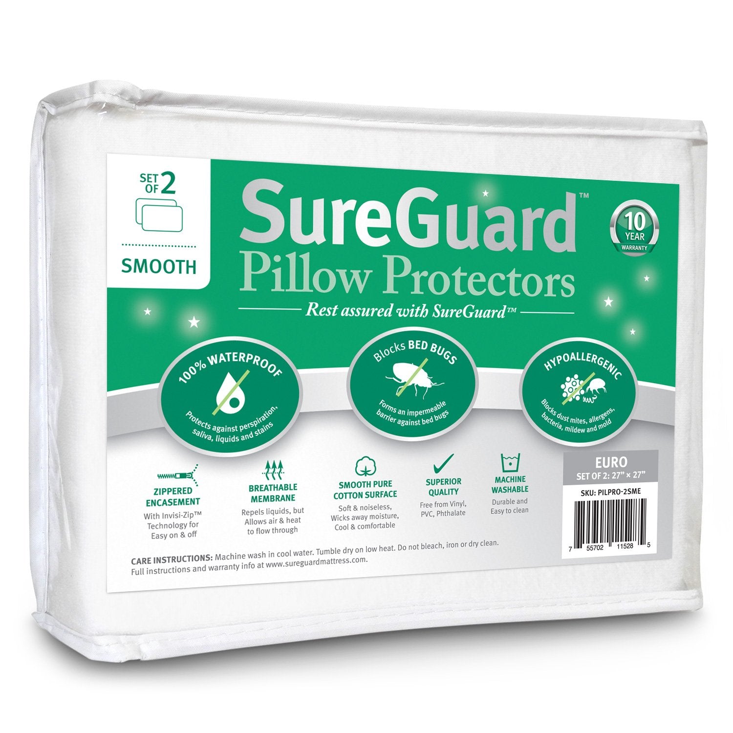 Waterproof Hypoallergenic Pillow Encasements, Pair
