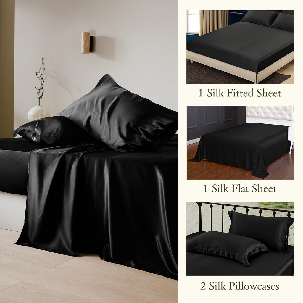 LilySilk 4Pcs Silk Bedding Sheets Flat Sheet Fitted Sheet Oxford Pillowcases Set 19 Momme Pure Silk