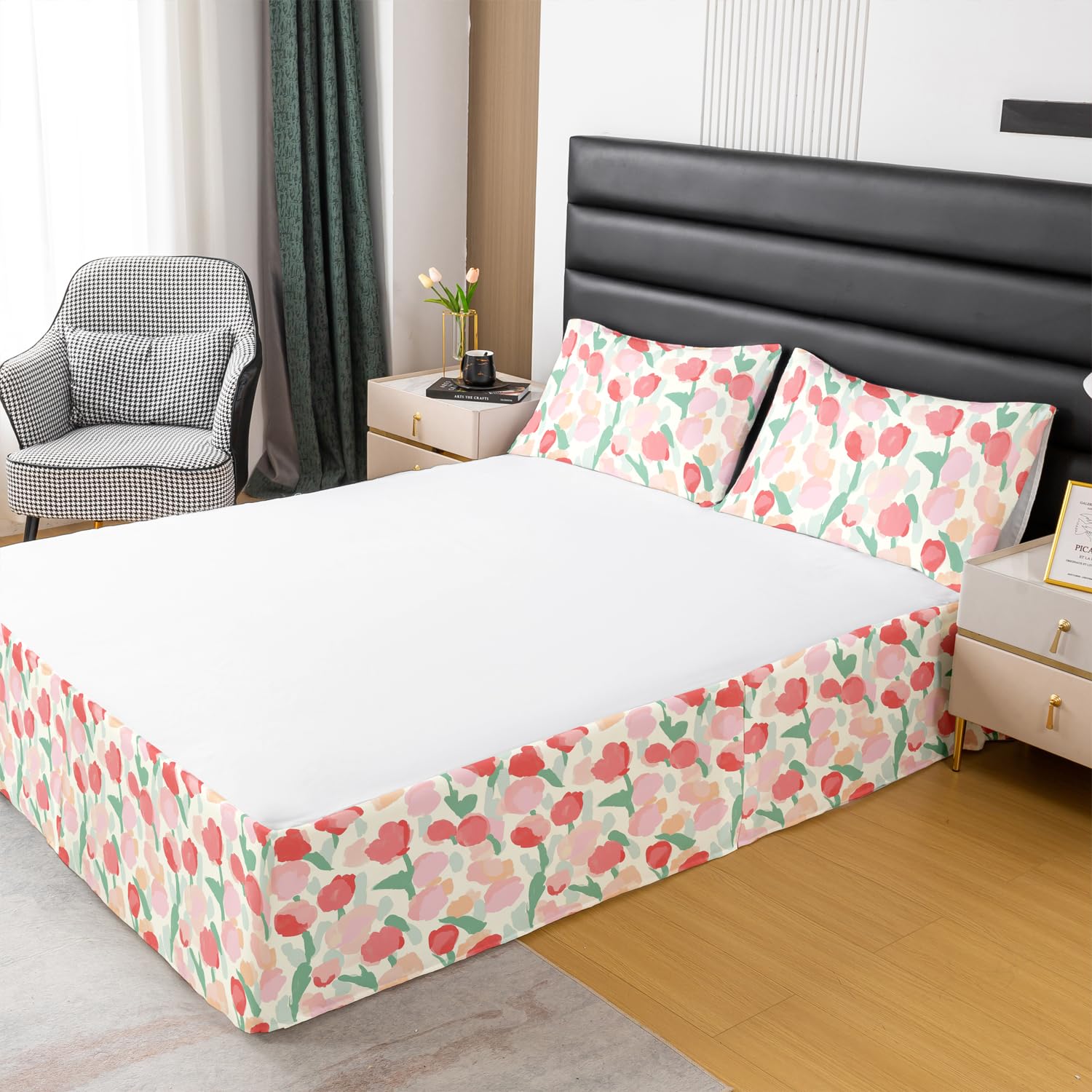 Pink Tulip Floral Bed Skirt and Pillow Sham Set