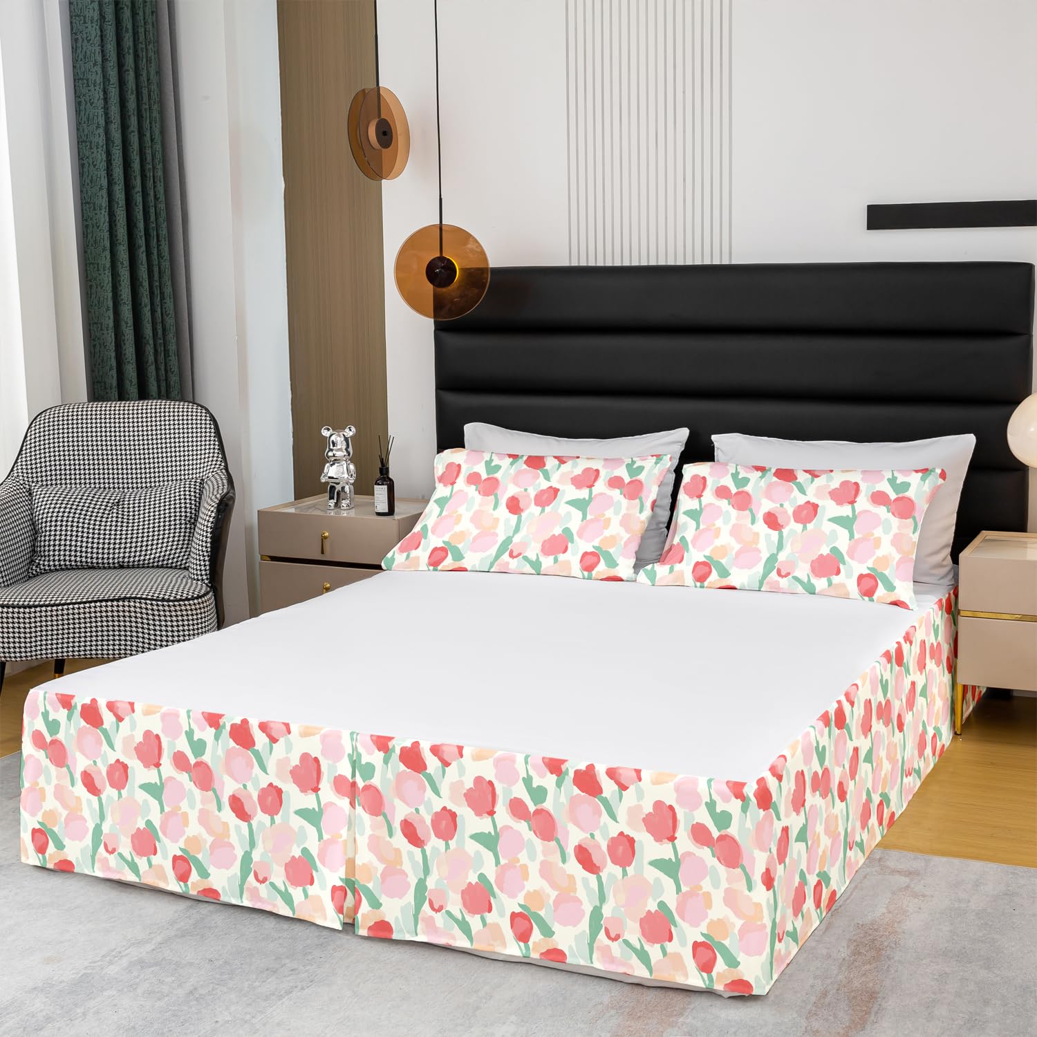 Pink Tulip Floral Bed Skirt and Pillow Sham Set