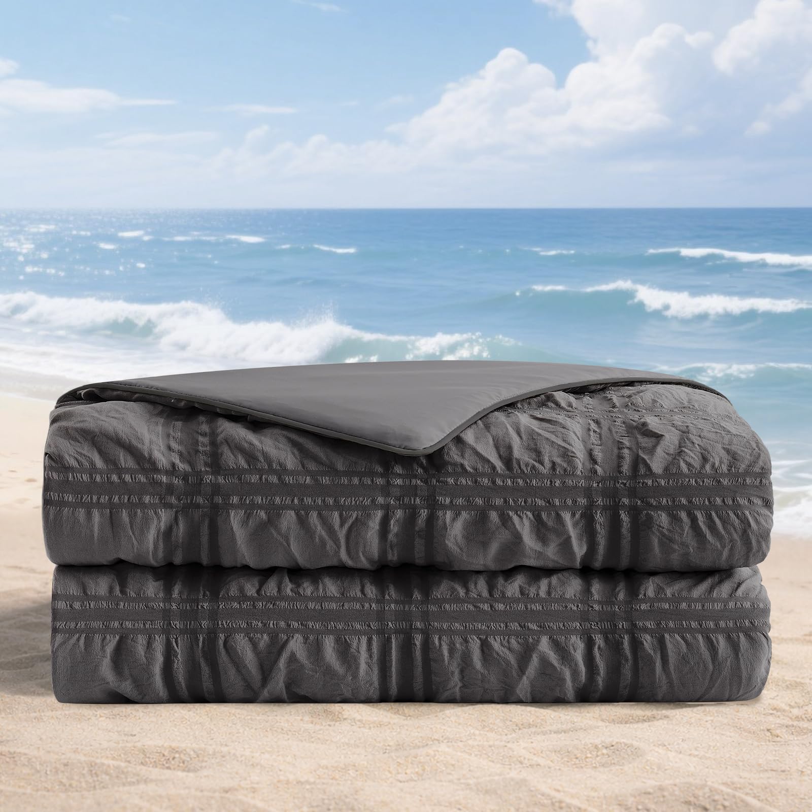 Cozy Bliss Cooling Comforter Seersucker Plaid, Q-Max 0.45 Lightweight Cooling Blanket, Breathable Silk Smooth Summer Bedding Quilt for Hot Sleepers Night Sweats