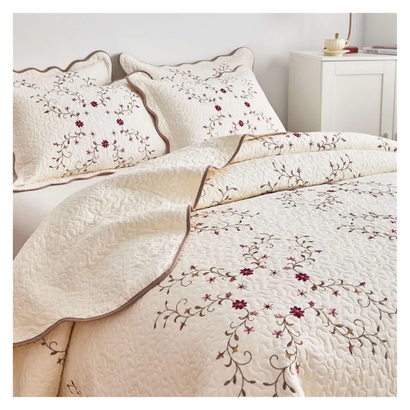 QDKVTNDJZ 3Pcs Embroidered Cotton Quilt Set Bedspread On The Bed Solid Color Coverlet King Queen Size Quilted Cover Comforter