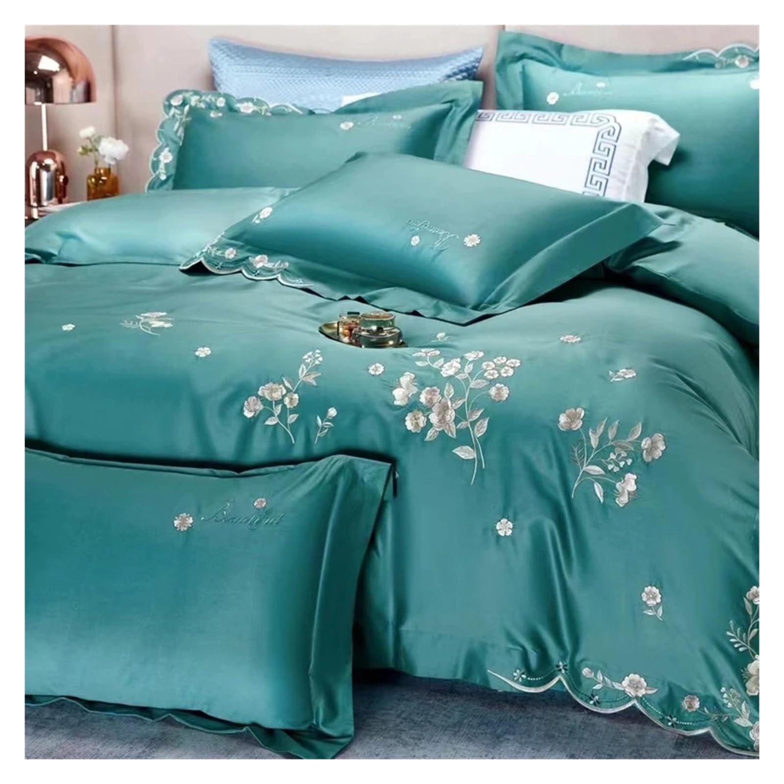 1000TC 100% Cotton Supreme Quality Luxury Bedding Flowers Embroidery Bedding Set Duvet Cover Set Flat/Fitted Bed Sheet Pillowcases (F QUEEN_FITTED)