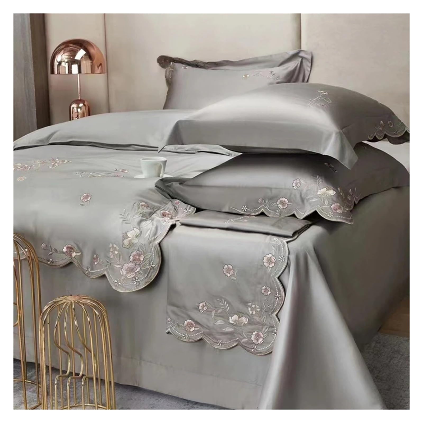 1000TC 100% Cotton Supreme Quality Luxury Bedding Flowers Embroidery Bedding Set Duvet Cover Set Flat/Fitted Bed Sheet Pillowcases (I QUEEN_FITTED)