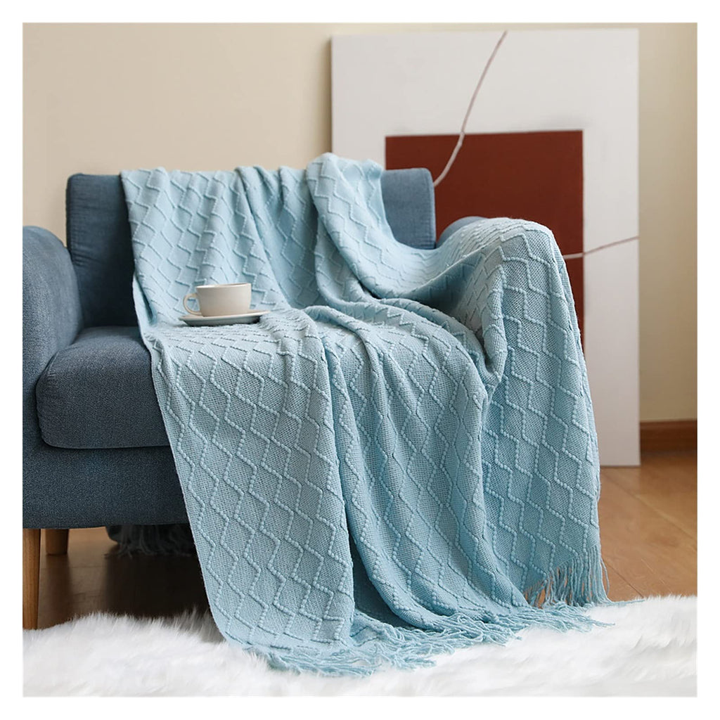 Throw Blanket Textured Solid Soft Sofa Couch Cover Decorative Knitted Blanket Weighted Knit Blanket (Colour: Diamond Light Grey Size: 130 x 240 cm) (Diamond Light Blue 127 x 172 cm)