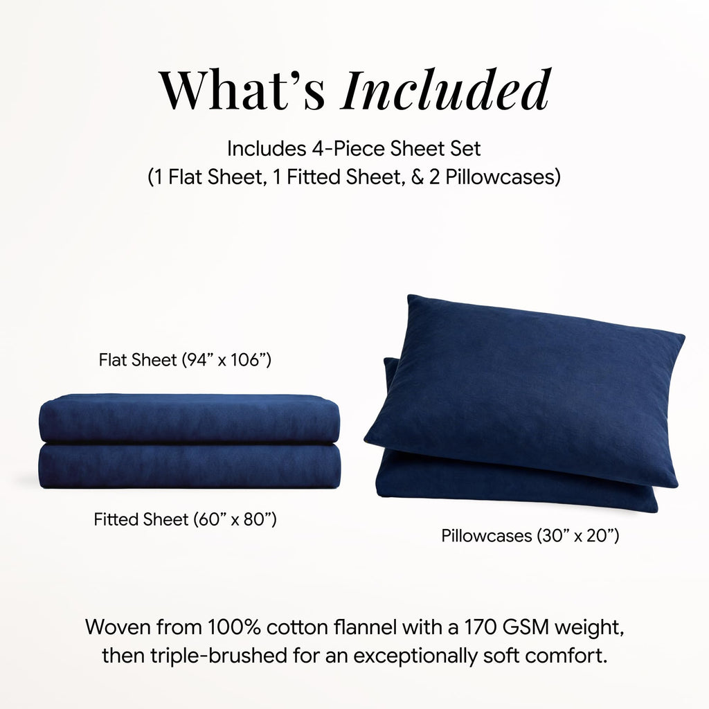 Tribeca Living Triple Brushed Soft Cotton Flannel Bed Sheets, 170-GSM Weight Extra Deep Pocket Flannel Sheets Queen Size Set in Solid Dark Blue Color