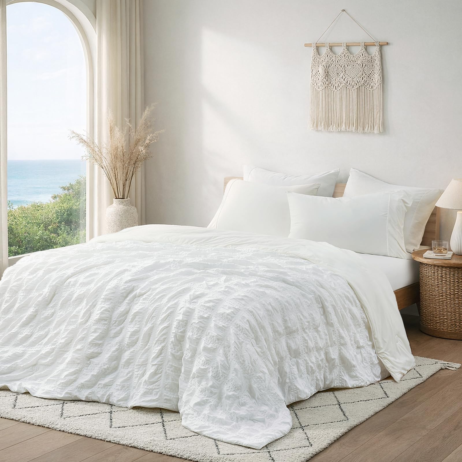 Cozy Bliss Cooling Comforter Seersucker Plaid, Q-Max 0.45 Lightweight Cooling Blanket, Breathable Silk Smooth Summer Bedding Quilt for Hot Sleepers Night Sweats