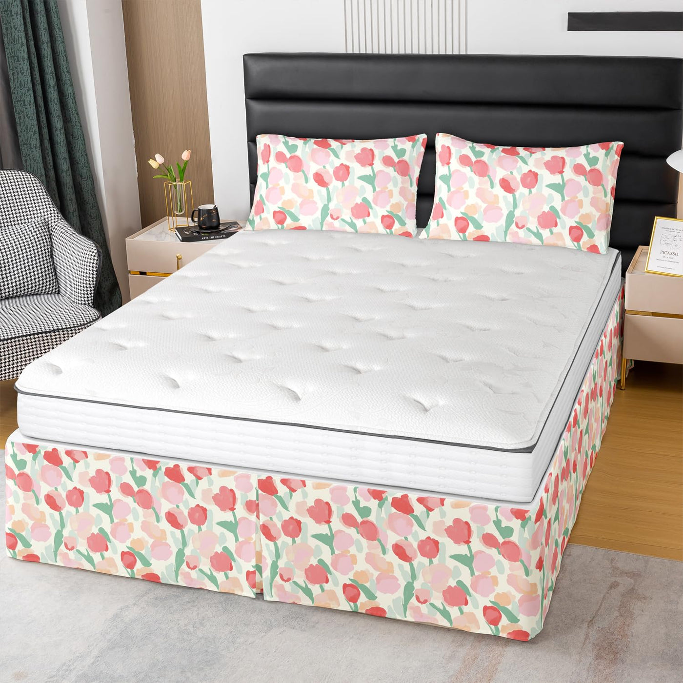 Pink Tulip Floral Bed Skirt and Pillow Sham Set