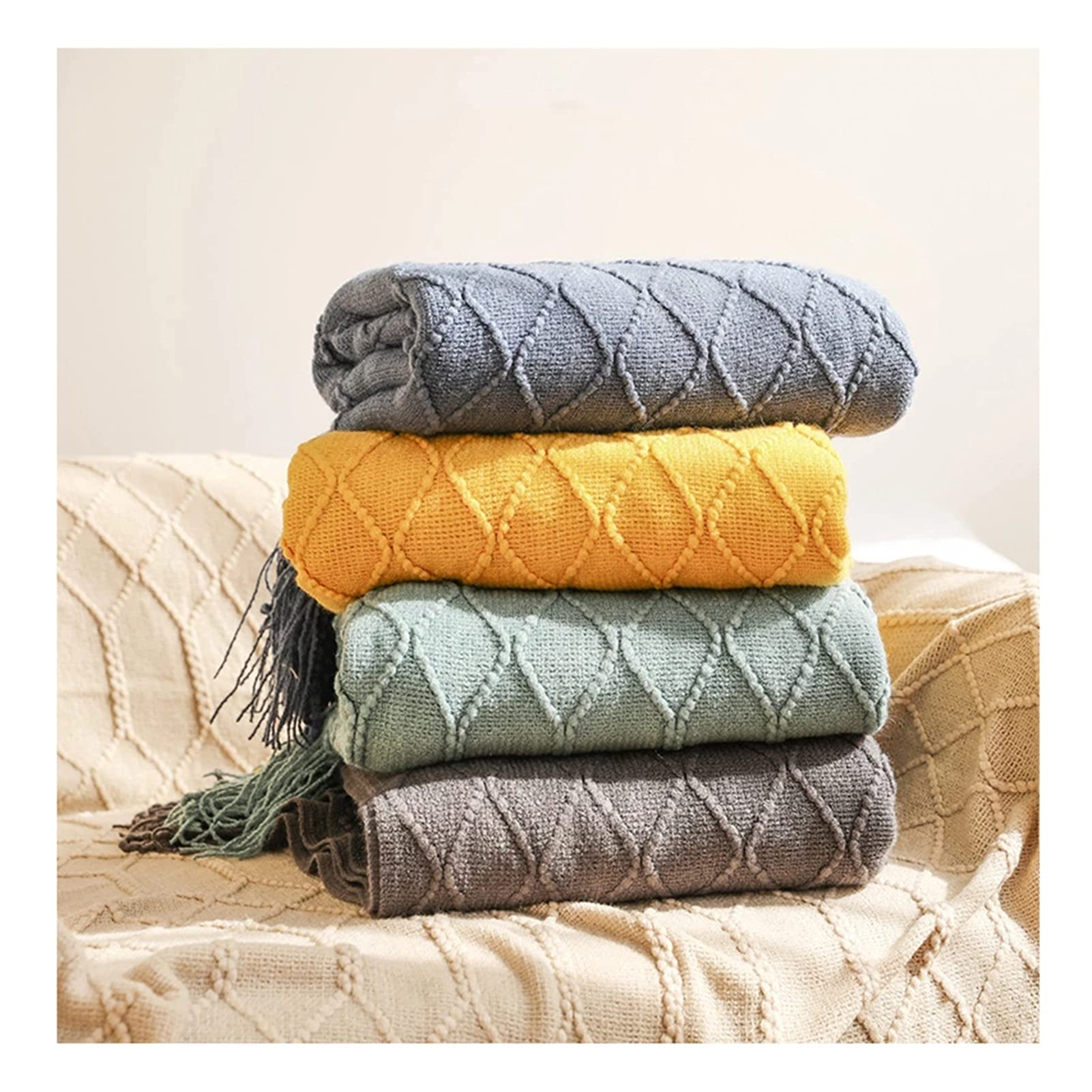 Throw Blanket Textured Solid Soft Sofa Couch Cover Decorative Knitted Blanket Weighted Knit Blanket (Colour: Diamond Light Grey Size: 130 x 240 cm) (Diamond Light Blue 127 x 172 cm)