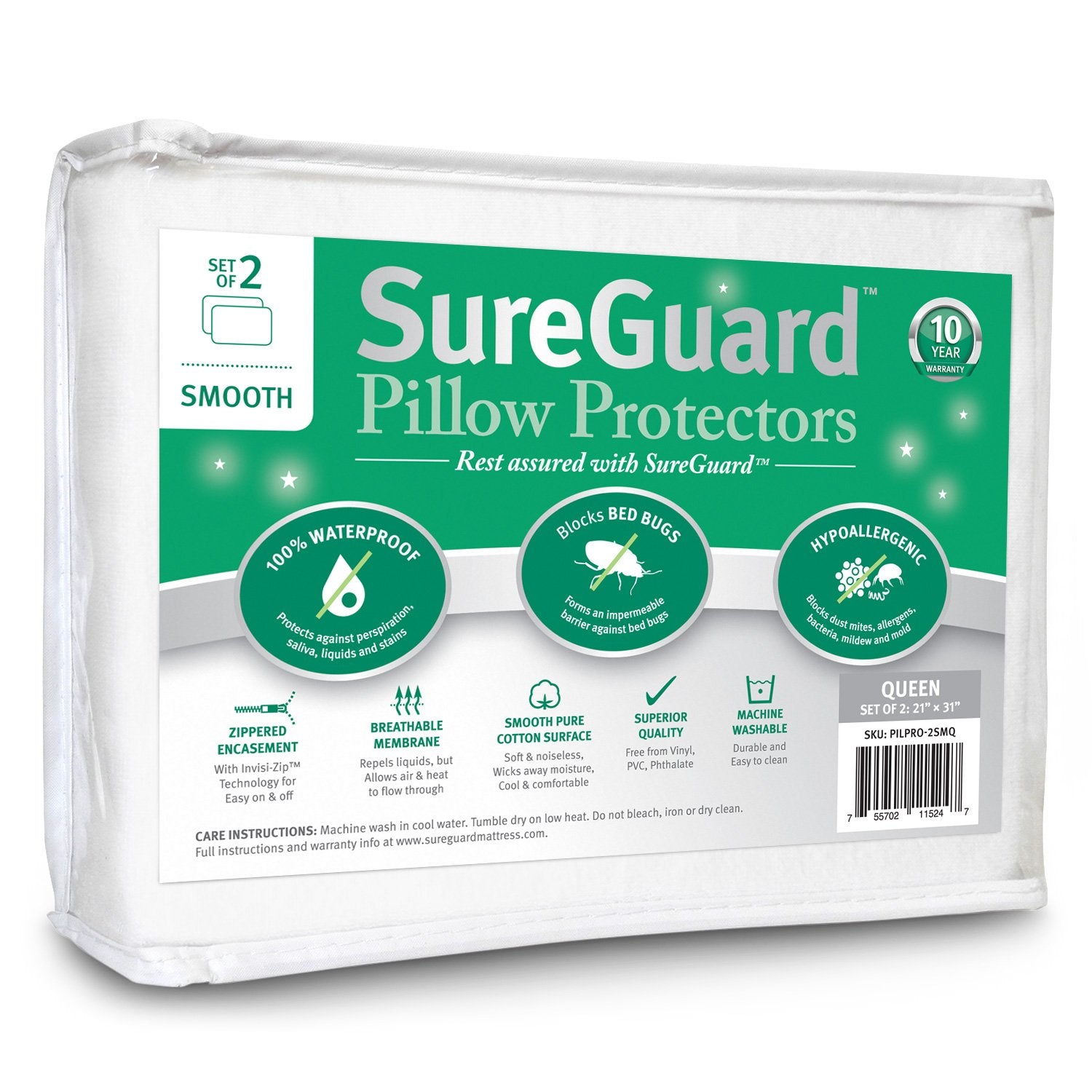 Waterproof Hypoallergenic Pillow Encasements, Pair