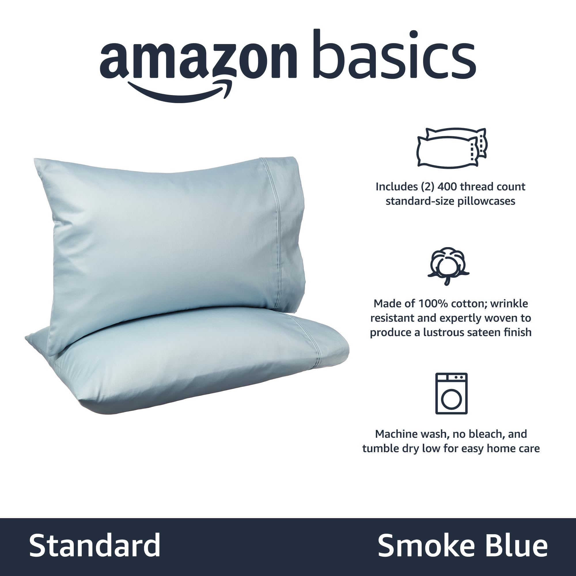 Amazon Basics 400 Thread Count Cotton Pillow Cases, Set of 2