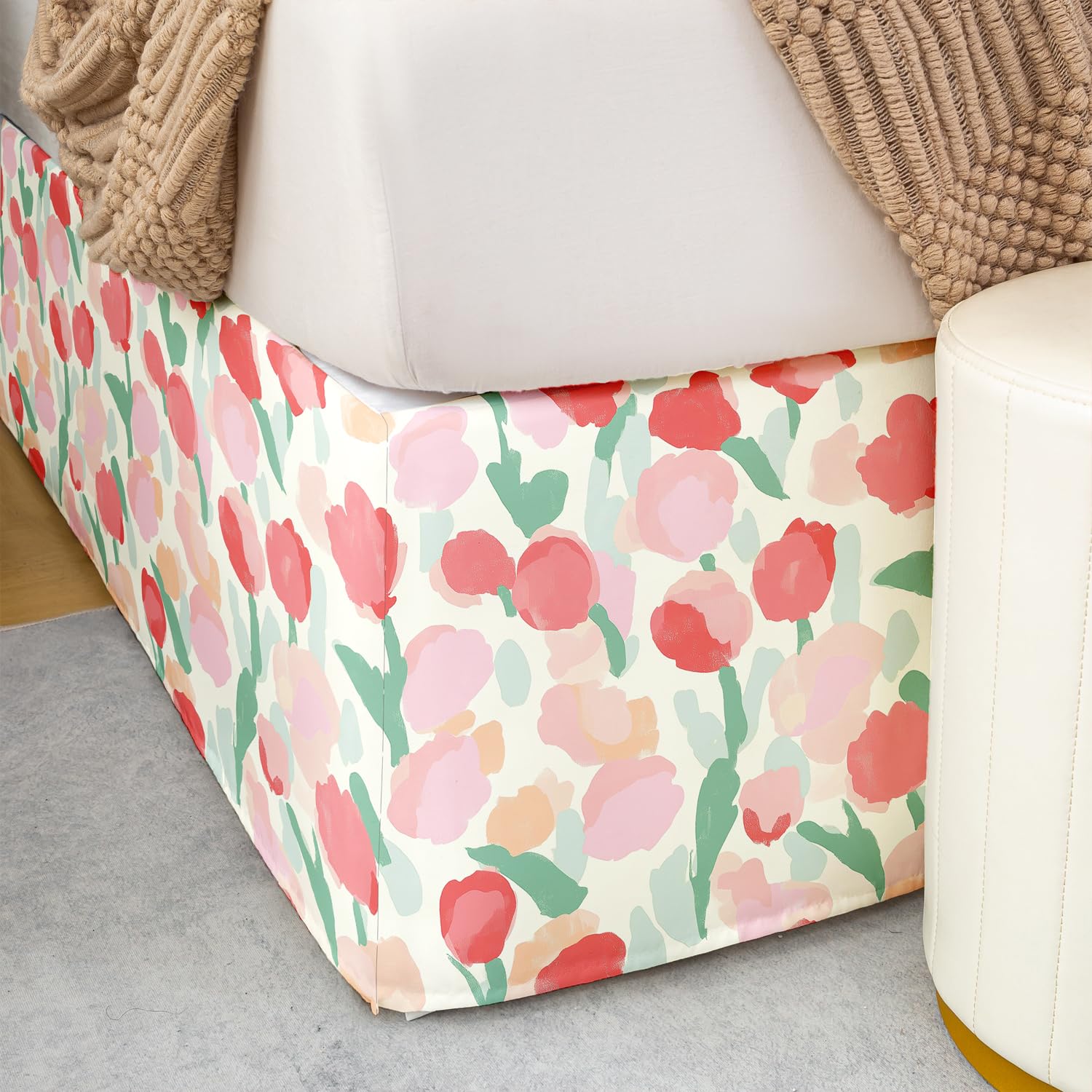 Pink Tulip Floral Bed Skirt and Pillow Sham Set
