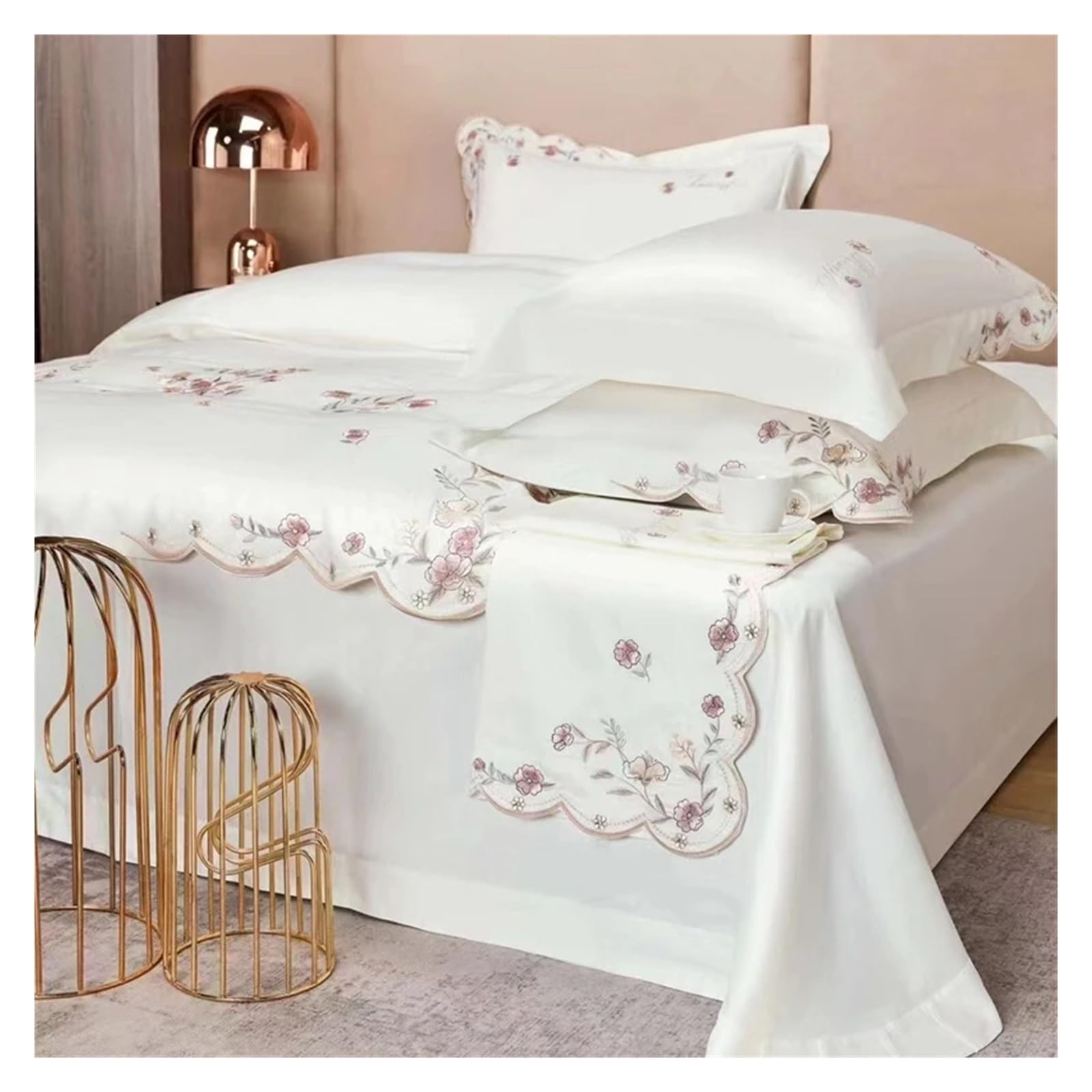 1000TC 100% Cotton Supreme Quality Luxury Bedding Flowers Embroidery Bedding Set Duvet Cover Set Flat/Fitted Bed Sheet Pillowcases (I QUEEN_FITTED)