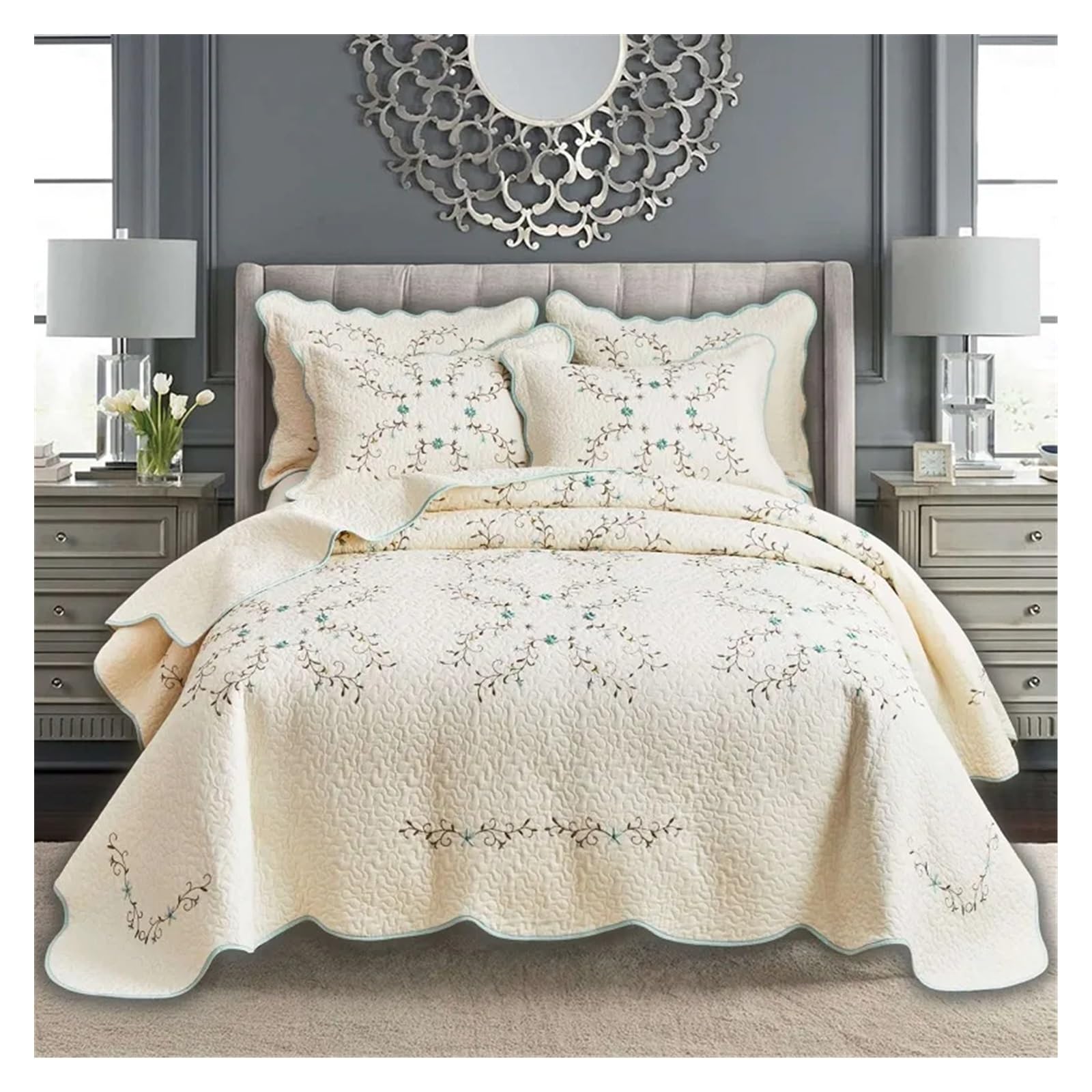 Embroidered Cotton Quilt and Coverlet Set, 3 Pieces