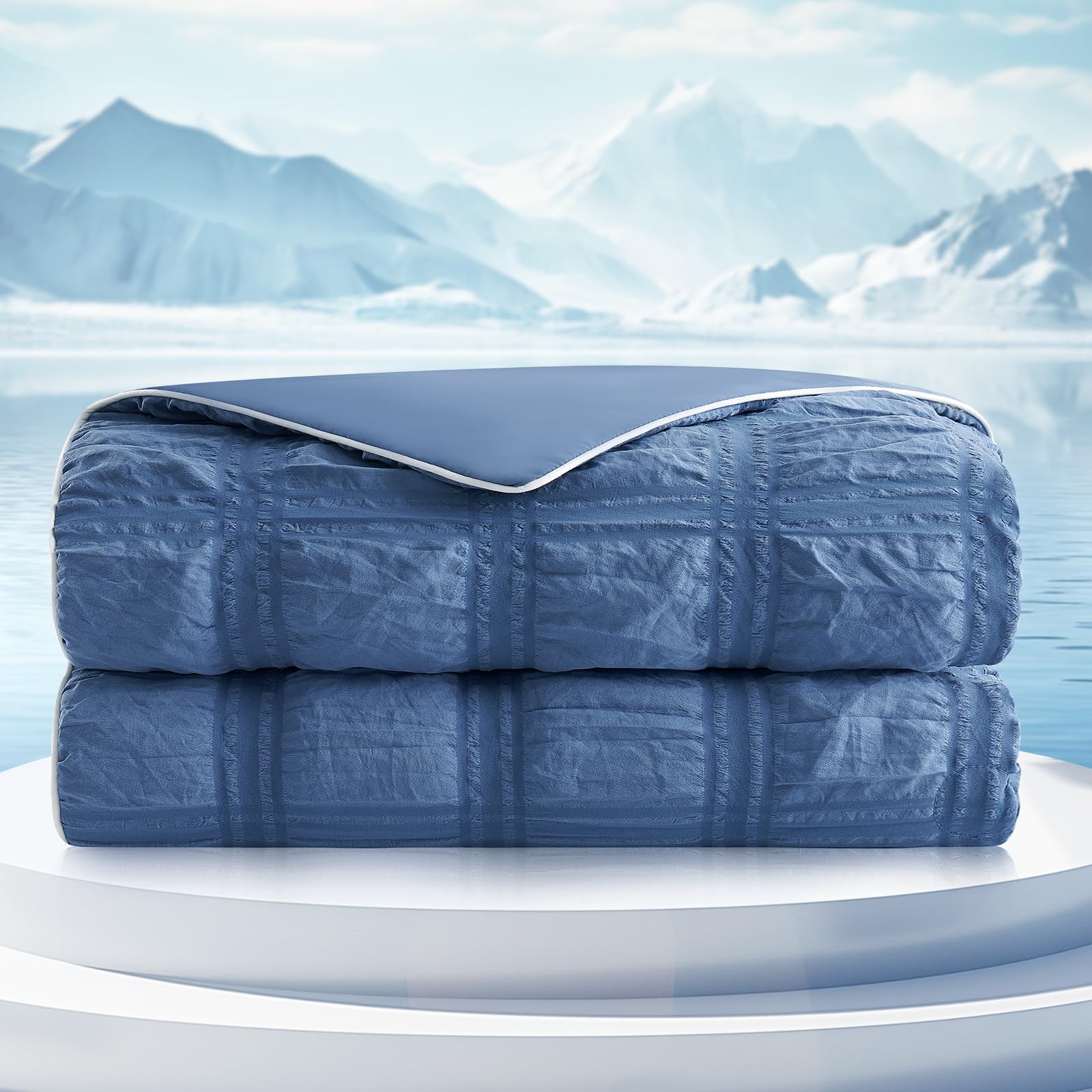 Cozy Bliss Cooling Comforter Seersucker Plaid, Q-Max 0.45 Lightweight Cooling Blanket, Breathable Silk Smooth Summer Bedding Quilt for Hot Sleepers Night Sweats
