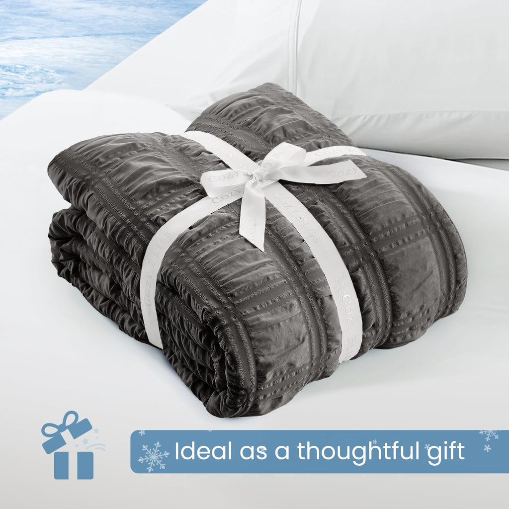 Cozy Bliss Cooling Comforter Seersucker Plaid, Q-Max 0.45 Lightweight Cooling Blanket, Breathable Silk Smooth Summer Bedding Quilt for Hot Sleepers Night Sweats
