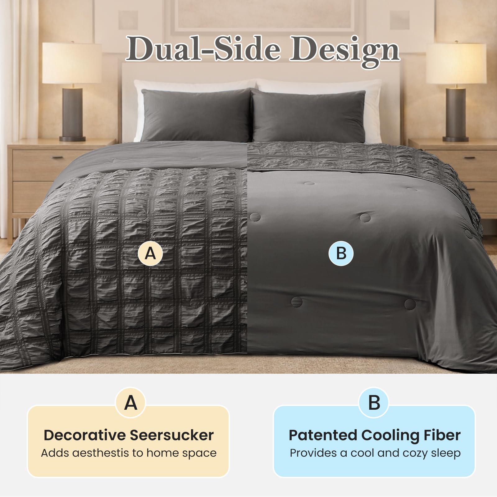 Cozy Bliss Cooling Comforter Seersucker Plaid, Q-Max 0.45 Lightweight Cooling Blanket, Breathable Silk Smooth Summer Bedding Quilt for Hot Sleepers Night Sweats