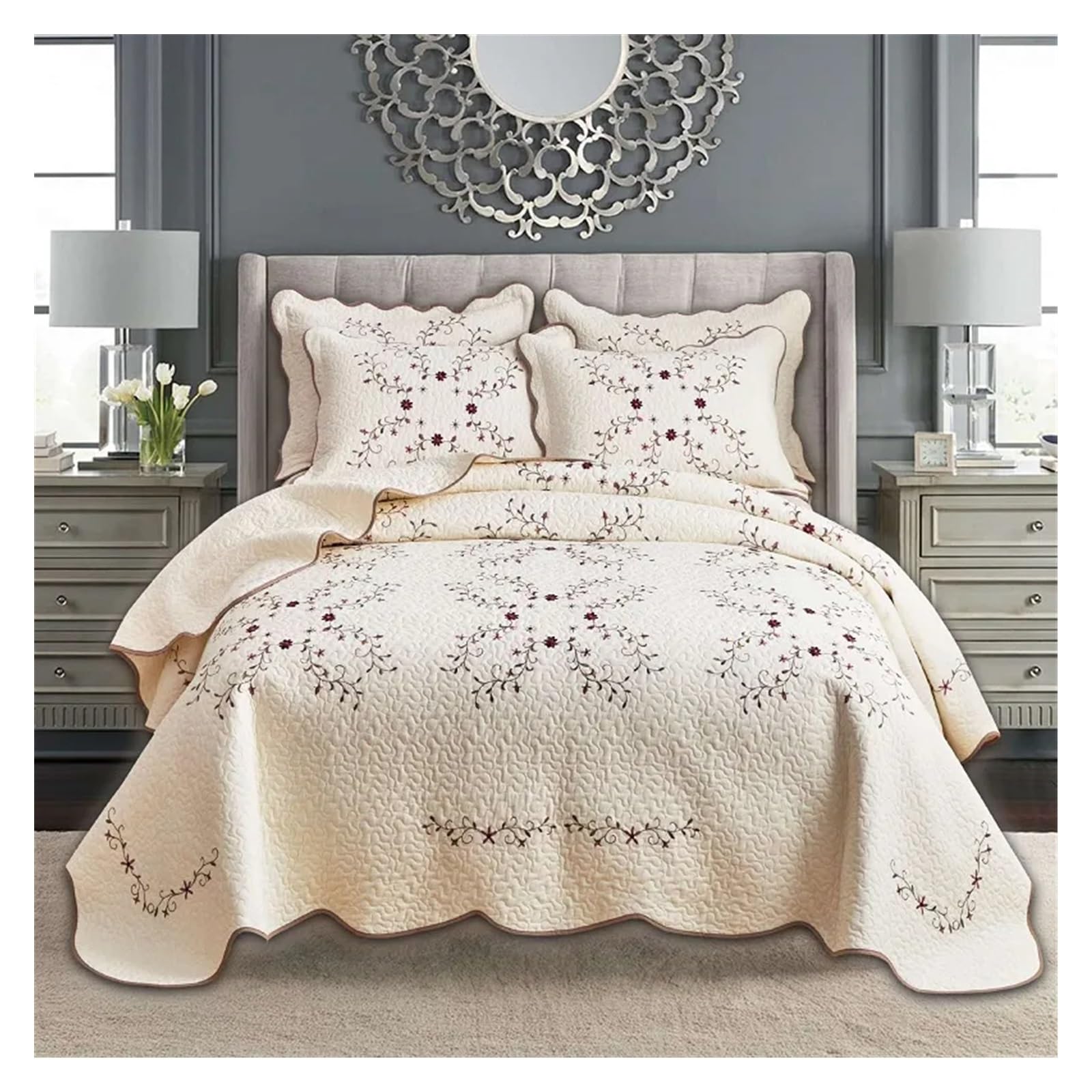 QDKVTNDJZ 3Pcs Embroidered Cotton Quilt Set Bedspread On The Bed Solid Color Coverlet King Queen Size Quilted Cover Comforter