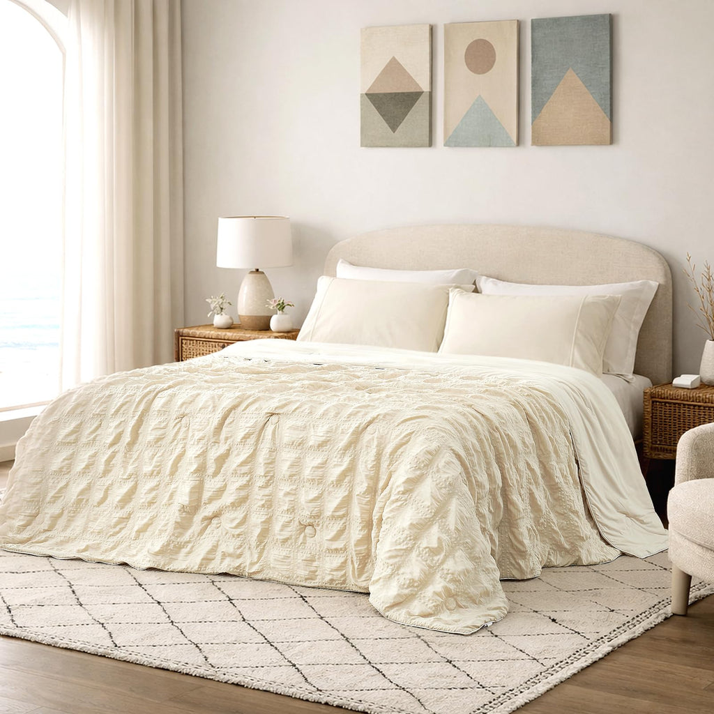 Cozy Bliss Cooling Comforter Seersucker Plaid, Q-Max 0.45 Lightweight Cooling Blanket, Breathable Silk Smooth Summer Bedding Quilt for Hot Sleepers Night Sweats