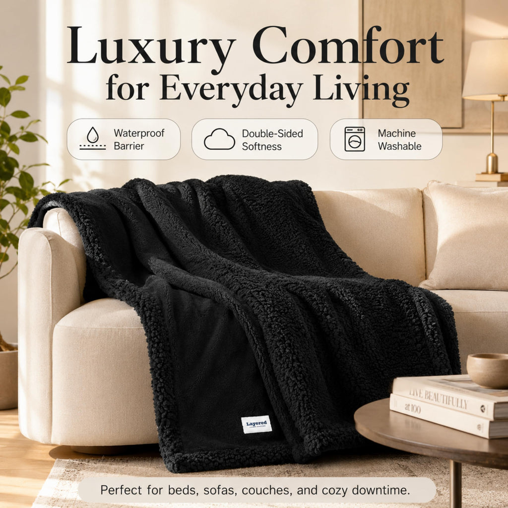 Layered Blankets The Accent - Waterproof, Double Sided Luxury Blanket - Bed, Sofa, Couch - Machine Washable, Comfy - Sherpa and Fleece, Protect The Bed
