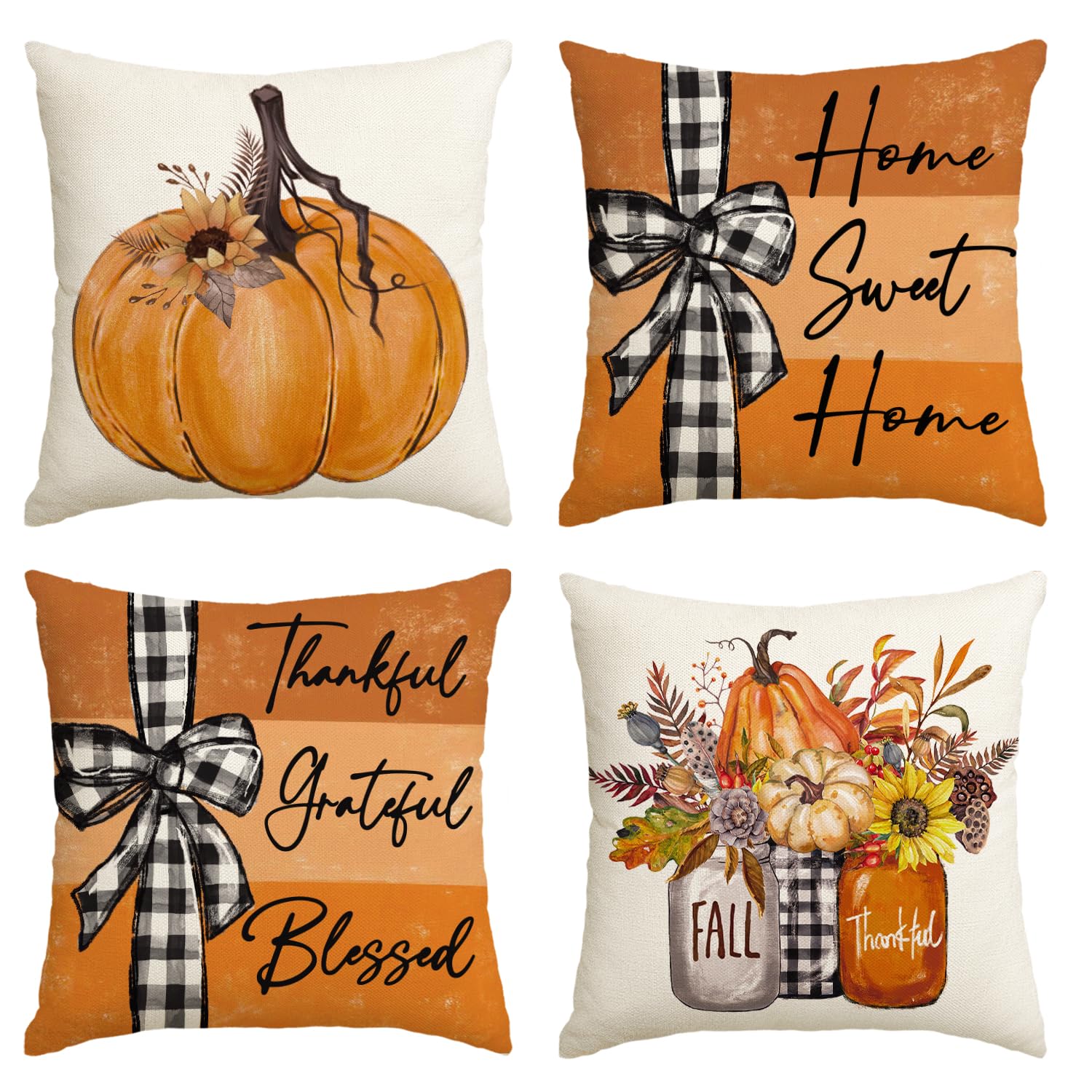 Fall Pumpkin Decorative Pillow Covers, Set of Four