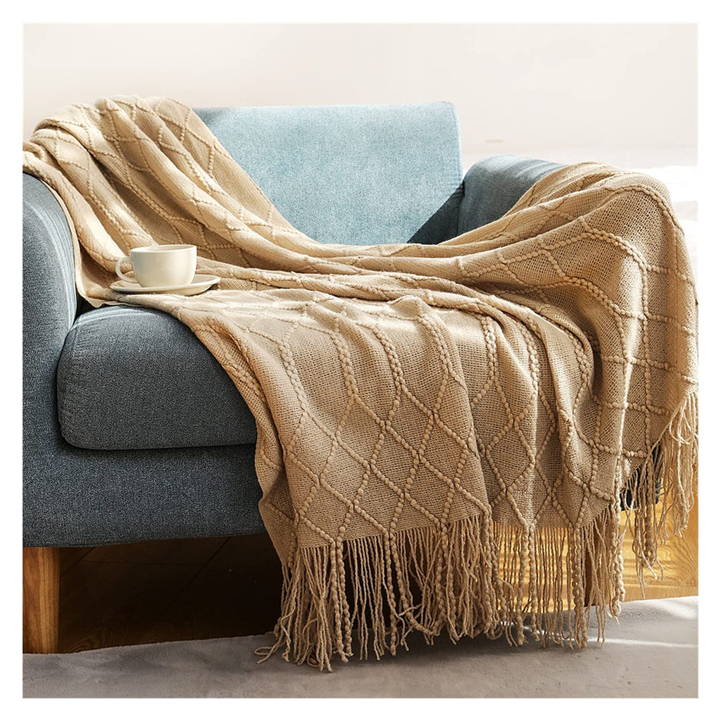 Throw Blanket Textured Solid Soft Sofa Couch Cover Decorative Knitted Blanket Weighted Knit Blanket (Colour: Diamond Light Grey Size: 130 x 240 cm) (Diamond Light Blue 127 x 172 cm)