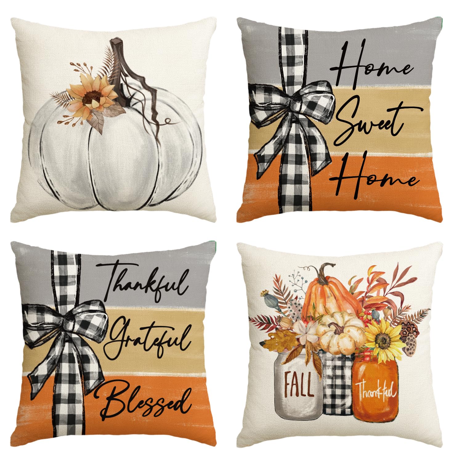 Fall Pumpkin Decorative Pillow Covers, Set of Four