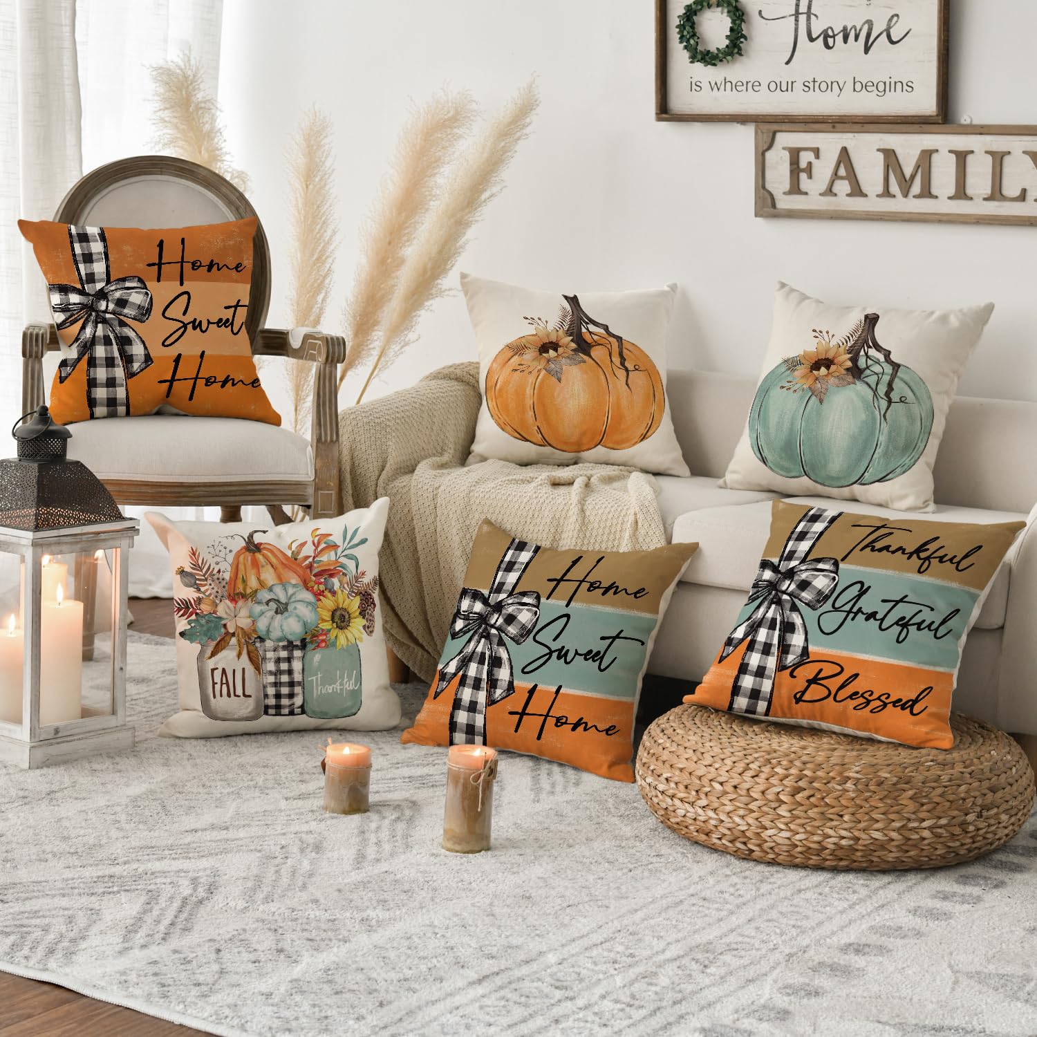 Fall Pumpkin Decorative Pillow Covers, Set of Four