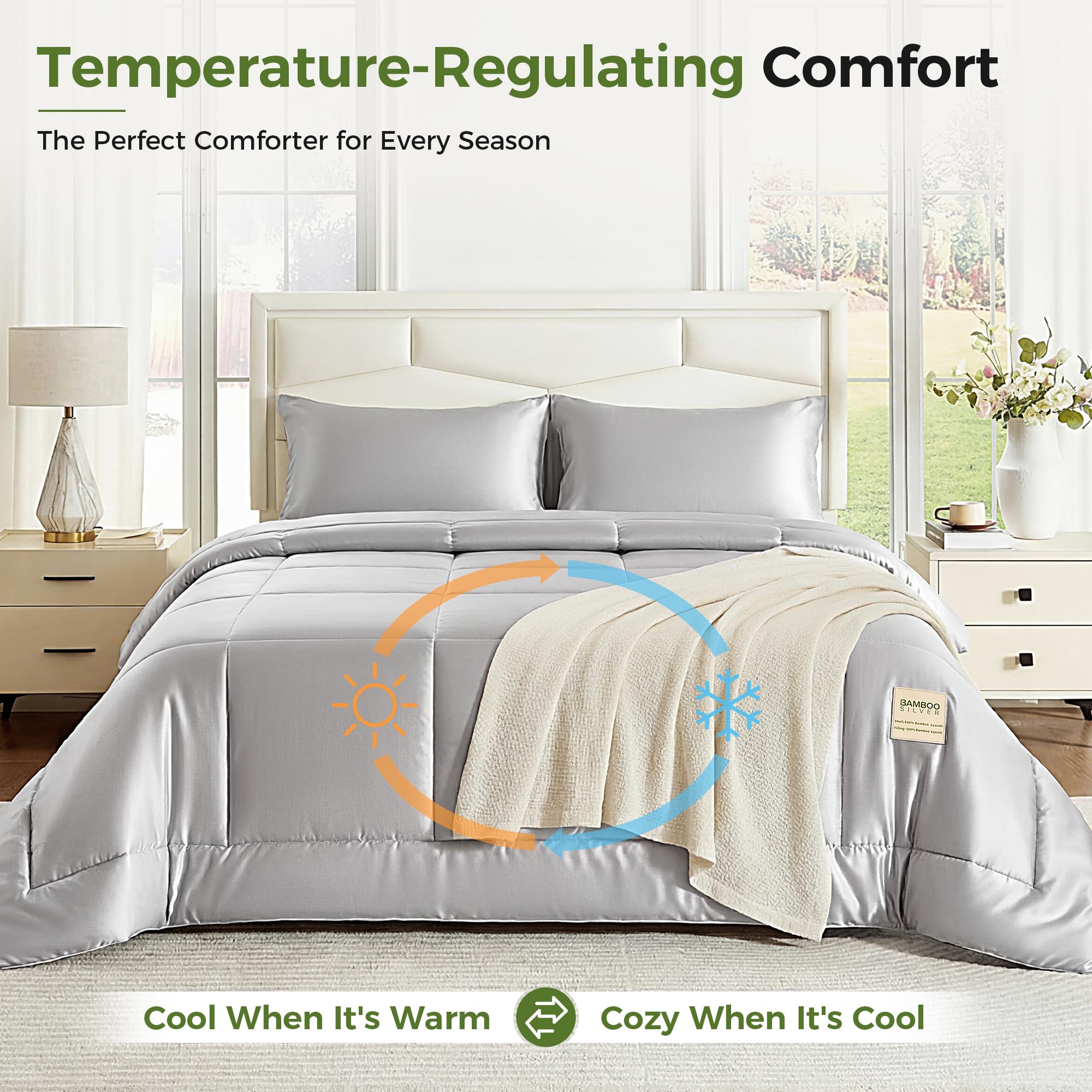 SLIVERCOOL Cooling Comforter Duvet Insert, Hypoallergenic 100% Viscose Derived from Bamboo Shell & Fill - All Season Quilted Down Alternative - Breathable Comforter for Hot Sleepers