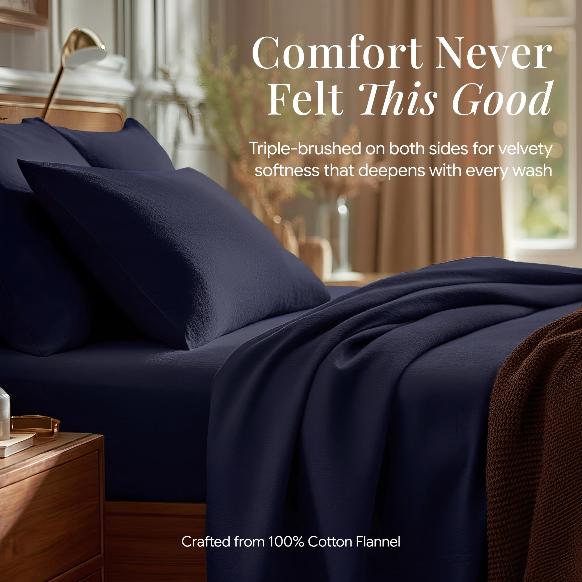 Tribeca Living Triple Brushed Soft Cotton Flannel Bed Sheets, 170-GSM Weight Extra Deep Pocket Flannel Sheets Queen Size Set in Solid Dark Blue Color
