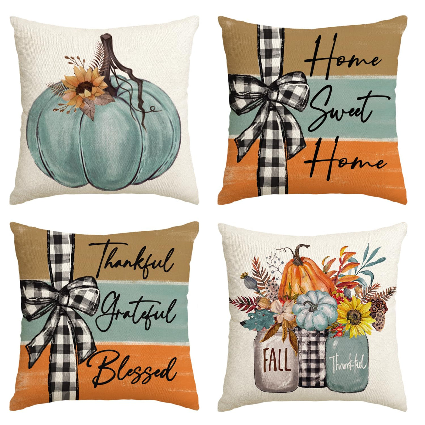 Fall Pumpkin Decorative Pillow Covers, Set of Four