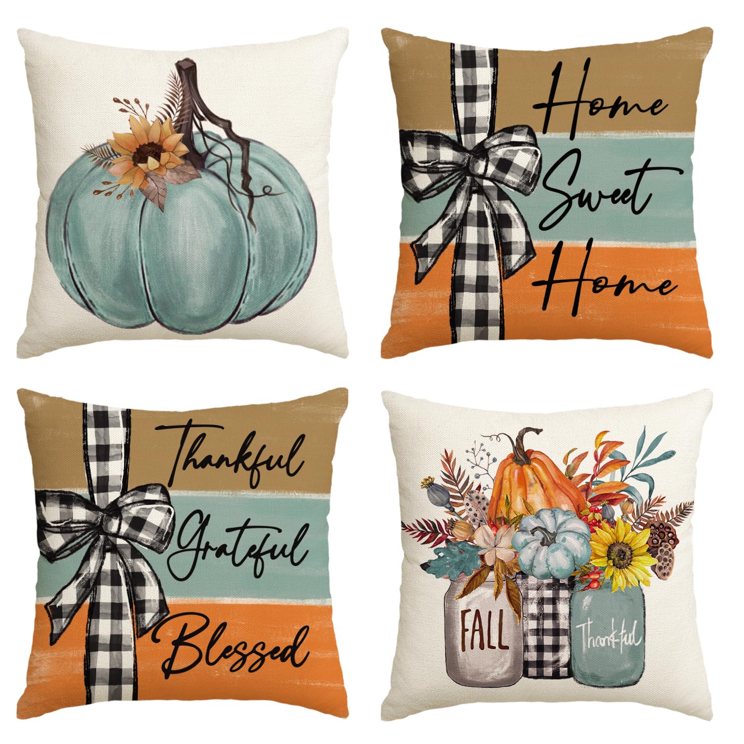 Fall Pumpkin Decorative Pillow Covers, Set of Four
